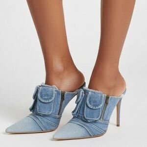 Azalea Wang Distressed Denim Cargo Pockets Mule Heel Size 10
